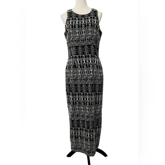 Vintage Embroidered Maxi Dress Sleeveless lined Boho J.B.S. Made In USA Size 12 - Picture 2 of 12